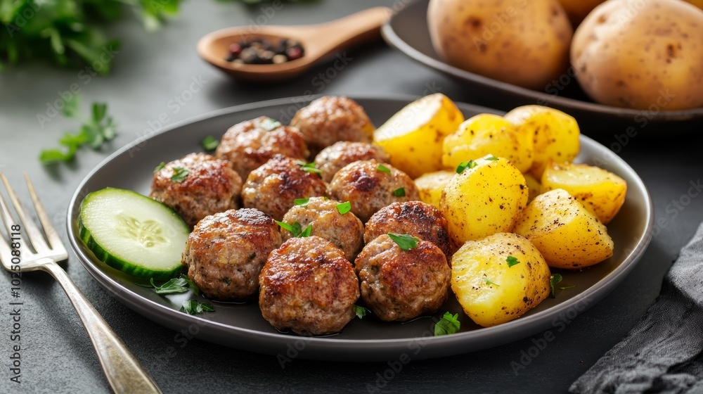 A plate of delicious meatballs with roasted potatoes and a cucumber garnish on a dark grey surface. A plate of delicious meatballs with roasted potatoes and a cucumber garnish on a dark grey surface.