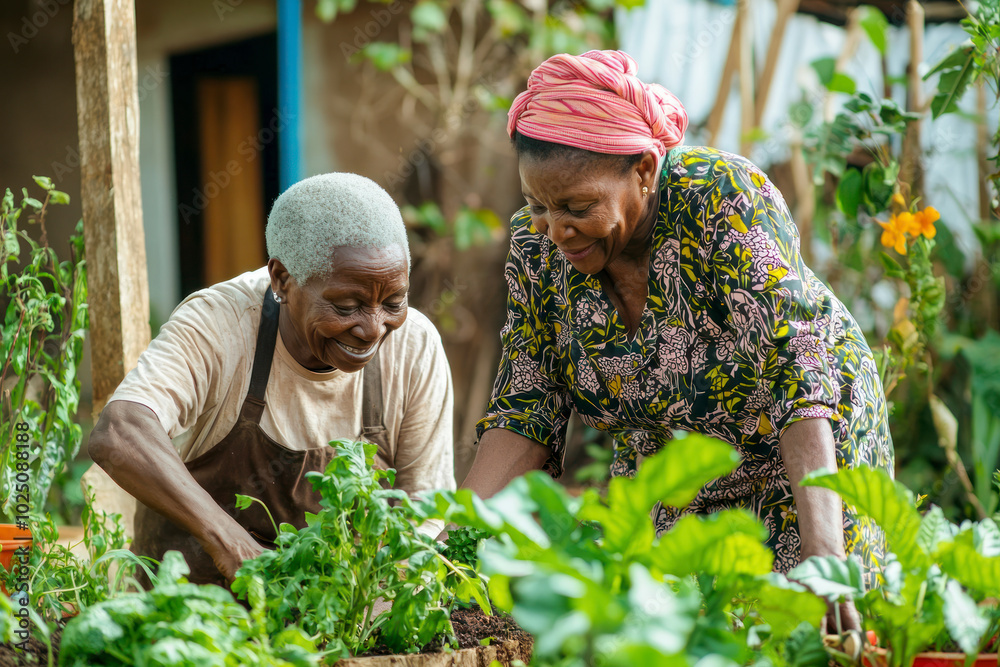 Fototapeta premium Happy African senior people gardening together at home.