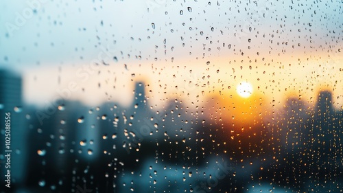 A beautiful sunset viewed through a rain-soaked window, creating a serene and reflective atmosphere in an urban setting.