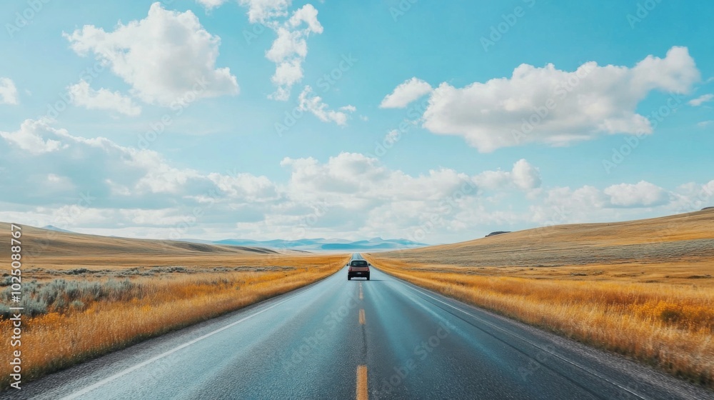 A Single Car Drives Down a Straight, Empty Road Through a Vast Field Under a Blue Sky with Puffy Clouds A Single Car Drives Down a Straight, Empty Road Through a Vast Field Under a Blue Sky with Puffy Clouds