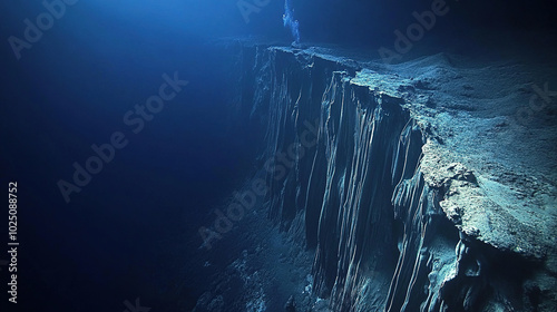 A rare underwater view of the Mariana Trench in the Pacific Ocean, in a realistic photographic style, showcasing the deepest part of the Earth's oceans