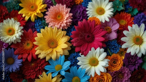 A vibrant and colorful bouquet of various flowers, including daisies, carnations, and gerberas, arranged in a close-up, overhead shot.