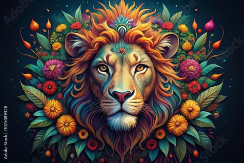 Colorful Abstract Lion Head Illustration with Floral Patterns on Dark Background for Vibrant Art and Home Decor