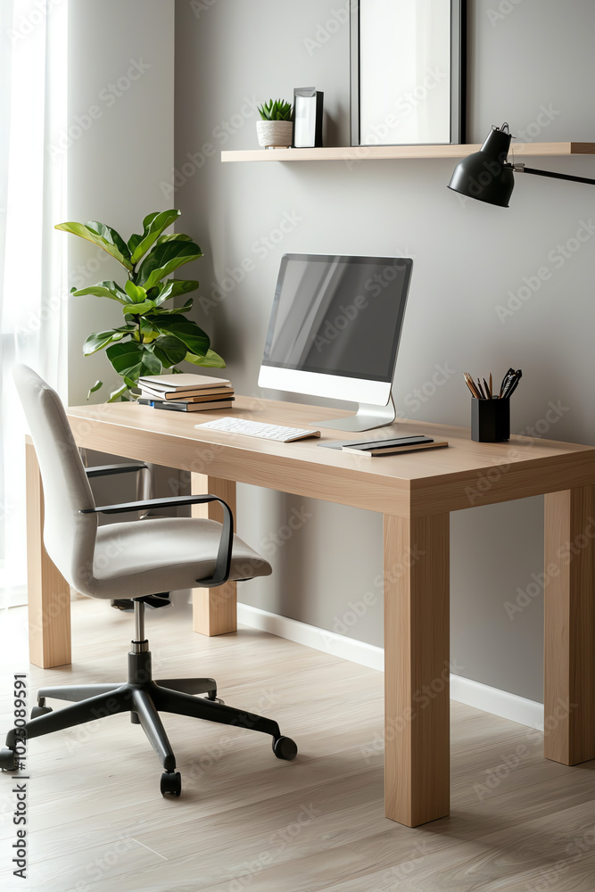 A side view of a Scandinavianstyle home office with a light wooden desk, neutral decor, and greenery for a calming atmosphere A side view of a Scandinavianstyle home office with a light wooden desk, neutral decor, and greenery for a calming atmosphere