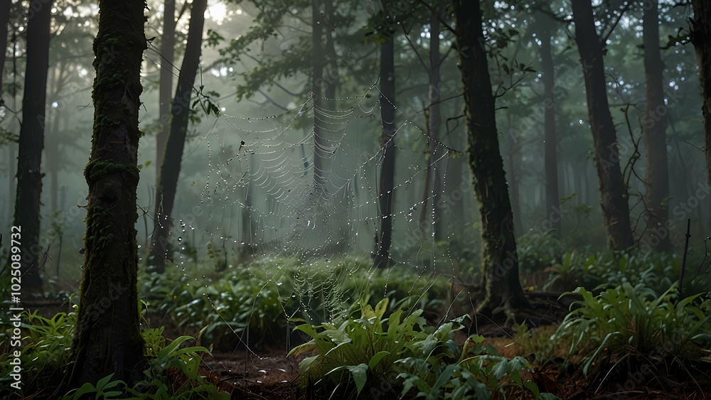 Fototapeta premium Close-Up of Dewy Spider Webs in an Eerie, Fog-Filled Forest Scene
