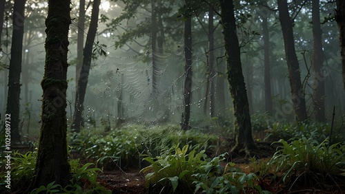 Close-Up of Dewy Spider Webs in an Eerie, Fog-Filled Forest Scene