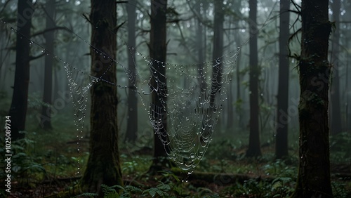 Wallpaper Mural Close-Up of Dewy Spider Webs in an Eerie, Fog-Filled Forest Scene Torontodigital.ca