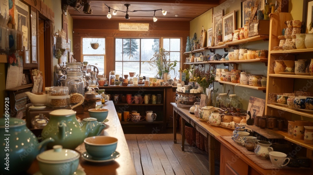 Fototapeta premium Rustic Tea Shop Interior with Pottery and Teapots