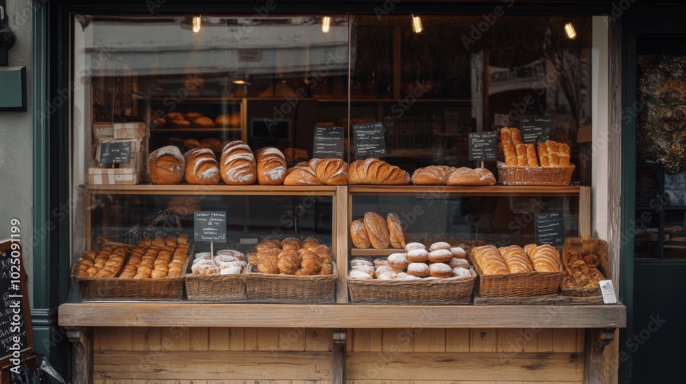 Assortment of Freshly Baked Bread and Pastries Displayed in a Bakery Window