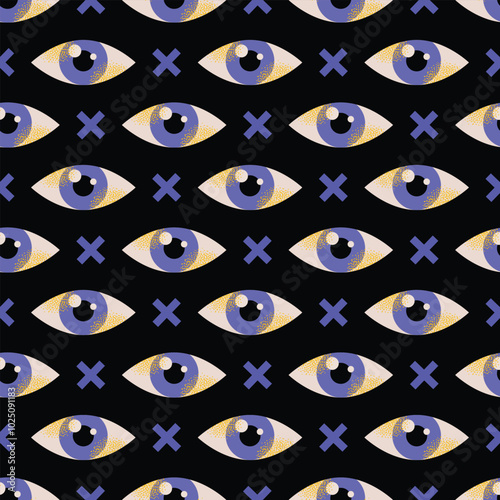 Seamless pattern of purple eyes with cross symbols on a black background. Vector illustration in flat design style. Eye surveillance and privacy concept for design and print