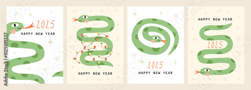 Card set  with cute cartoon green snake. Happy  New year 2025. Vector illustrations