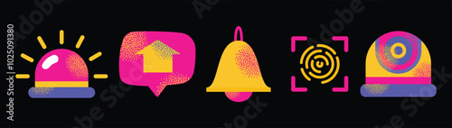 Colorful security system icons including lock, key, fingerprint, camera, and alarm symbols. Vector flat illustration isolated on background. Home security and surveillance concept for design 