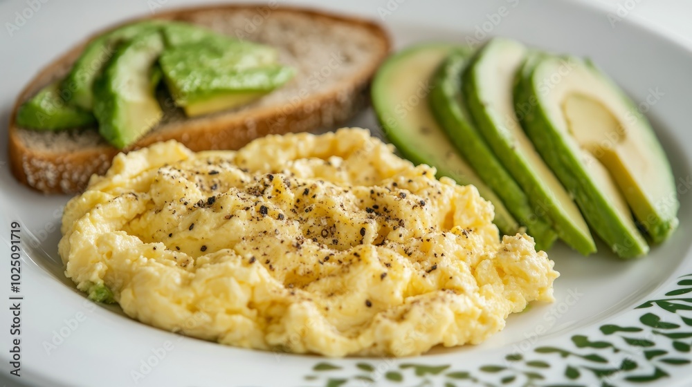 A plate of scrambled eggs with avocado and toast.