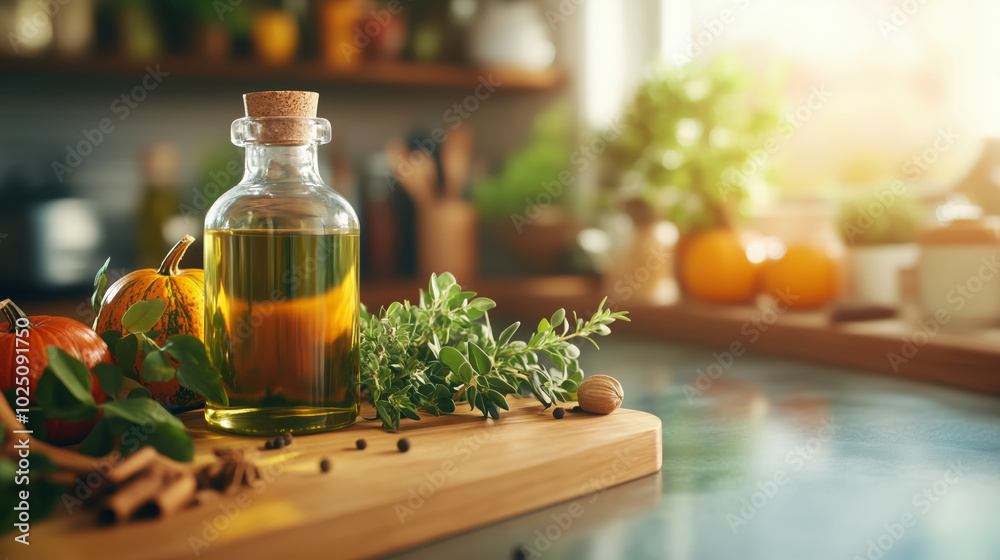 Fresh herbs and oil on a kitchen countertop with autumn decor Fresh herbs and oil on a kitchen countertop with autumn decor
