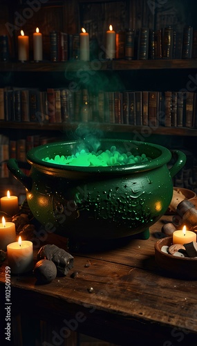 Dark Room with Bubbling Cauldron and Spell Books on a Wooden Table photo