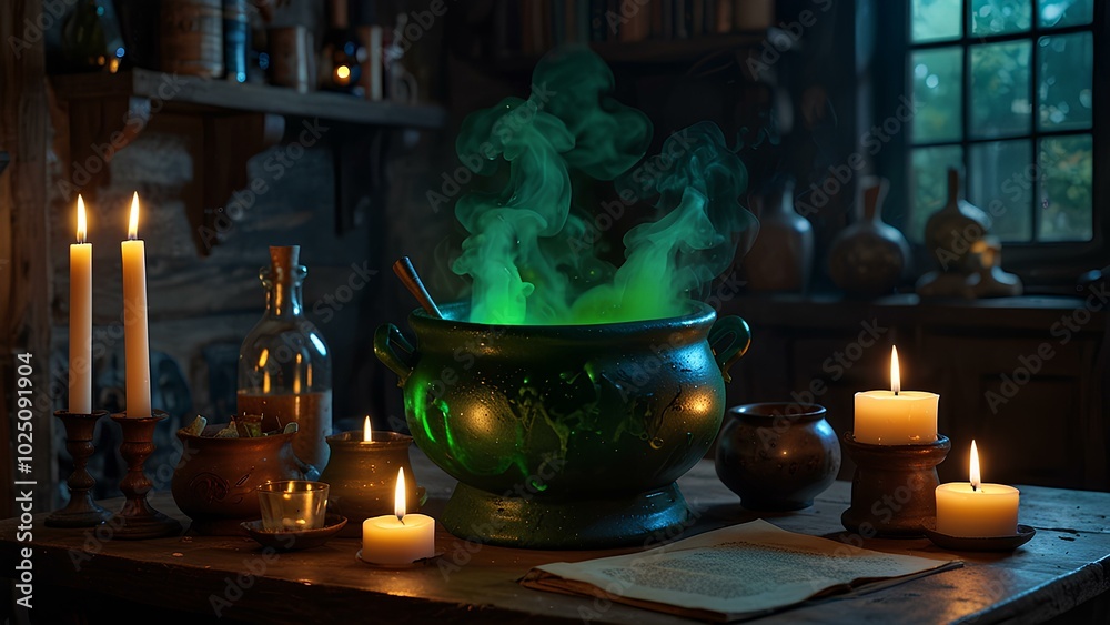 Dark Room with Bubbling Cauldron and Spell Books on a Wooden Table Dark Room with Bubbling Cauldron and Spell Books on a Wooden Table