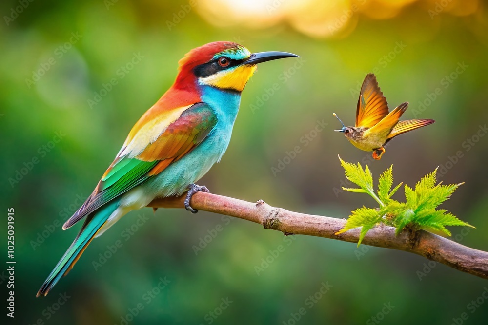 Colorful Bird Perched on a Branch with a Beautiful Butterfly in Nature - Perfect for Wildlife and Nature Colorful Bird Perched on a Branch with a Beautiful Butterfly in Nature - Perfect for Wildlife and Nature