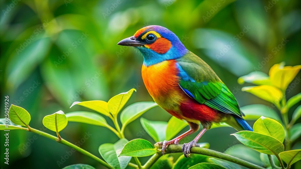 Colorful Bird Perched on Green Leaves in a Lush Natural Environment Capturing Nature's Beauty Colorful Bird Perched on Green Leaves in a Lush Natural Environment Capturing Nature's Beauty