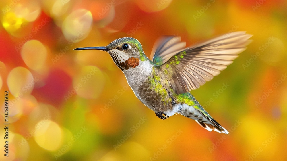 Fototapeta premium A hummingbird flying in the air with a blurry background and a blurry foreground