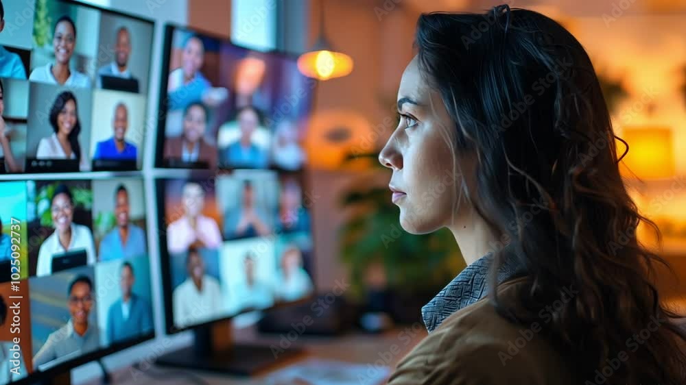 A woman engaged in a video call, focused attentively on multiple screens during an virtual work session. Concept of working from home and online education