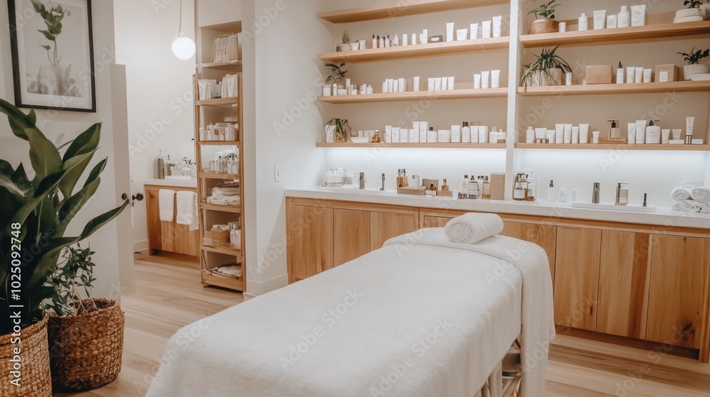 Fototapeta premium Spa Treatment Room with White Towels and Wooden Cabinets