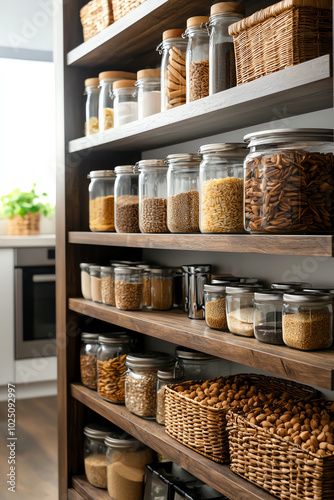 A top view of a pantry with neatly organized shelves, glass jars, and baskets for dry goods and kitchen supplies