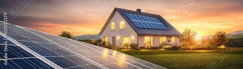 A modern house with solar panels under a vibrant sunset, showcasing sustainable living and renewable energy concepts.