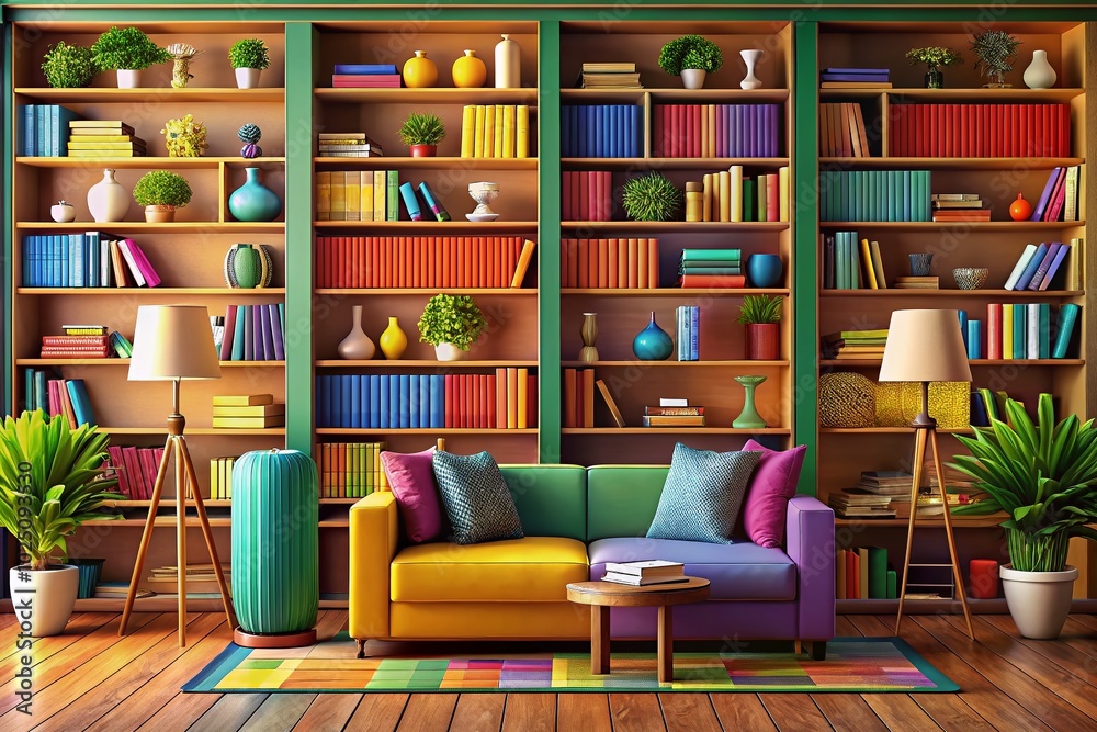 Colorful Bookshelf Illustration Featuring Diverse Books and Cozy Decor for Home and Office Design Inspiration