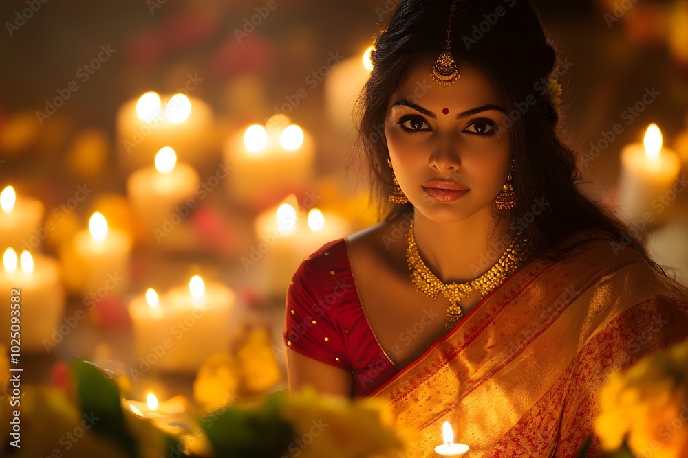 Golden Saree with Tilak and Candlelight Glow Golden Saree with Tilak and Candlelight Glow