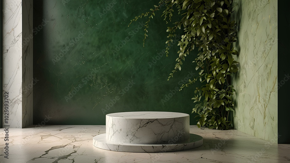 Elegant Marble Podium in Lush Botanical Garden with Greenery and Soft Shadows Elegant Marble Podium in Lush Botanical Garden with Greenery and Soft Shadows