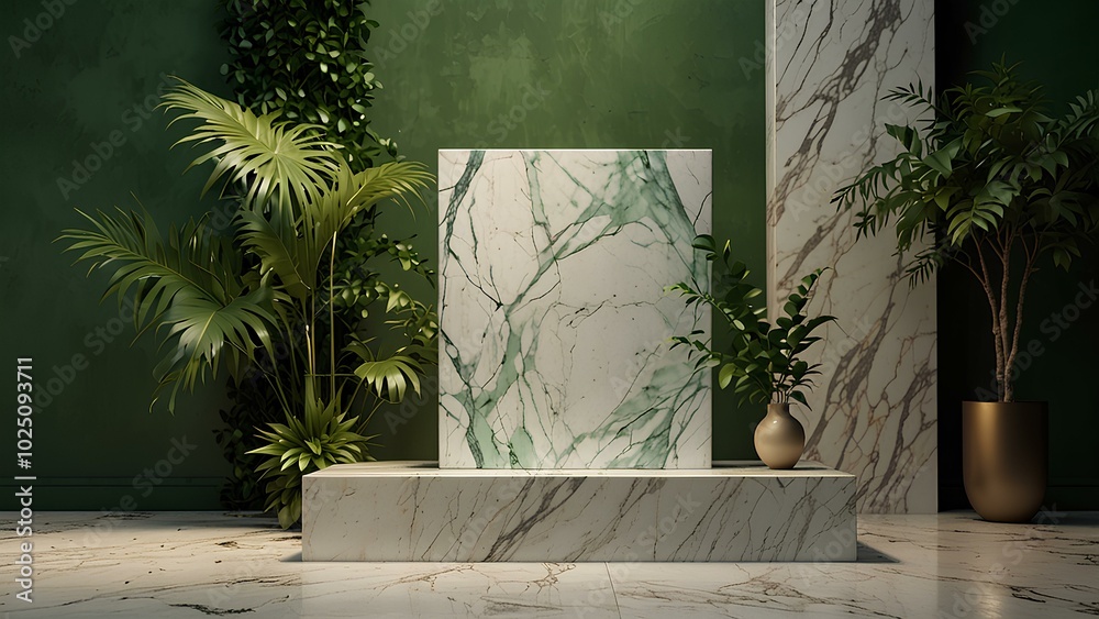 Elegant Marble Podium in Lush Botanical Garden with Greenery and Soft Shadows Elegant Marble Podium in Lush Botanical Garden with Greenery and Soft Shadows