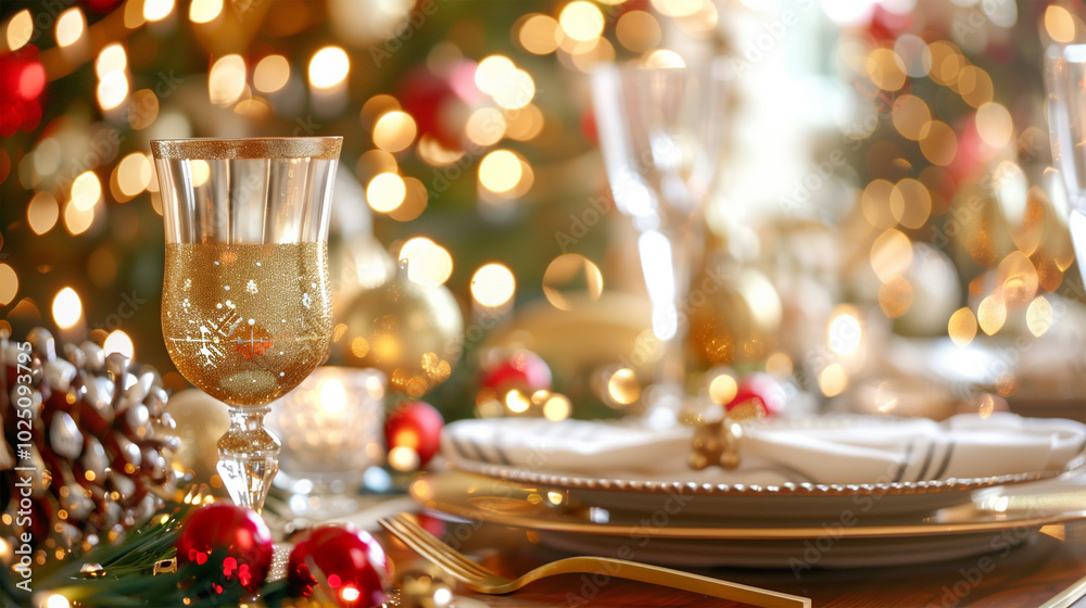 Christmas Table Setting, Gold Decoration, Two Elegant Wine Glasses Next to Dinner Setting, Festive Xmas Decorations and Glowing Bokeh Lights. Christmas Table Setting, Gold Decoration, Two Elegant Wine Glasses Next to Dinner Setting, Festive Xmas Decorations and Glowing Bokeh Lights.
