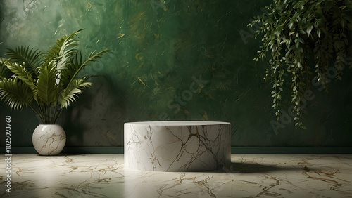 Elegant Marble Podium in Lush Botanical Garden with Greenery and Soft Shadows photo