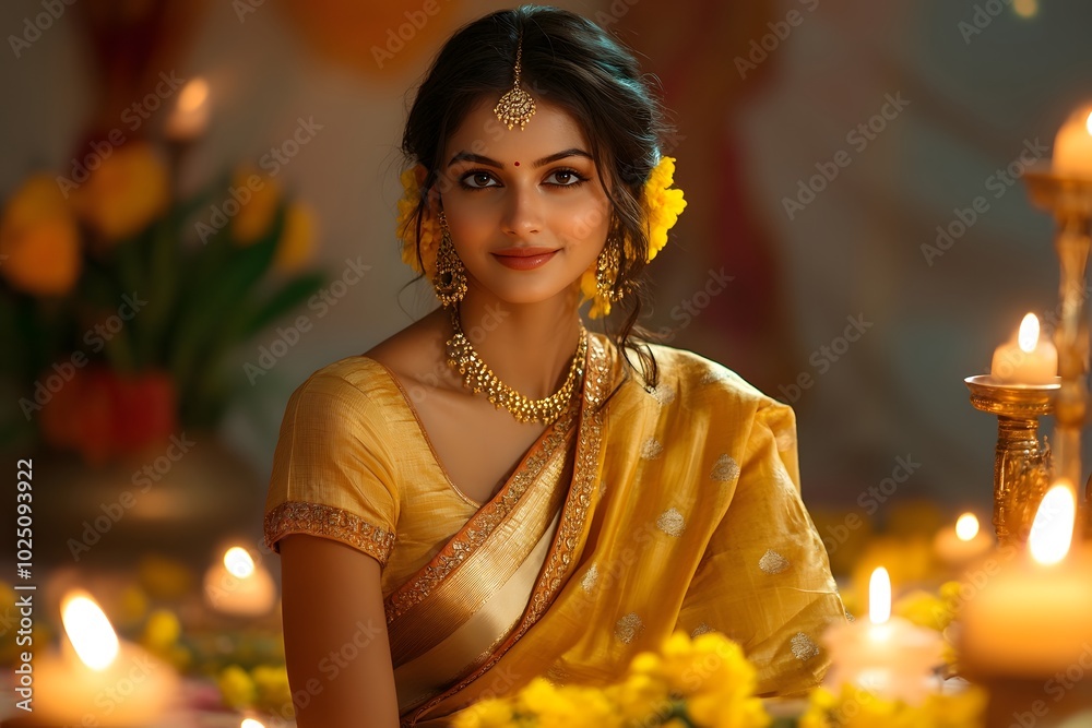 Golden Saree Woman with Festive Candles and Flowers Golden Saree Woman with Festive Candles and Flowers