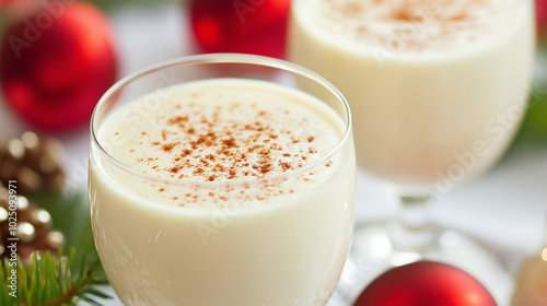 Eggnog Christmas Creamy Cocktail with Cinnamon Snowflake, Next to Red Christmas Balls on White Elegant Table, Homemade Egg Nog.