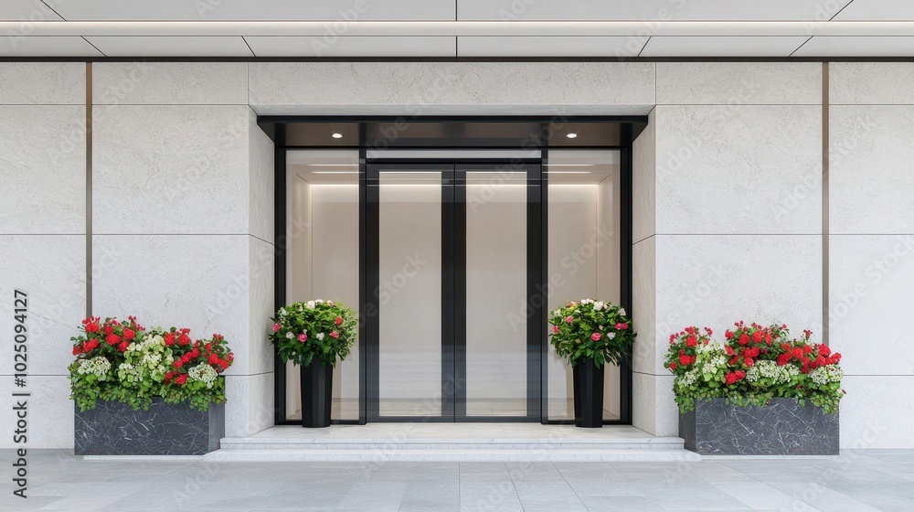 Naklejka premium High-end flower shop facade with marble accents, glass doors, and elegant lighting, Flower Shop, Luxury Design