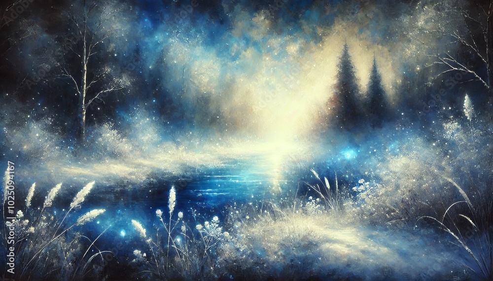 Fototapeta premium Beautiful Harmony of Snow and Natural Light in a Deep Blue Setting: A Mystical and Serene Winter Scene