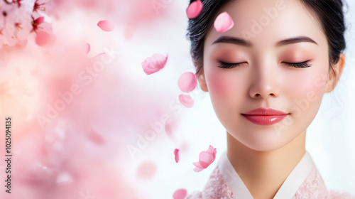 Korean, Asian Woman with Closed Eyes in Studio with Sakura Petals, Cherry Blossom Spring Beauty, Glamorous Skincare and Makeup Routine.