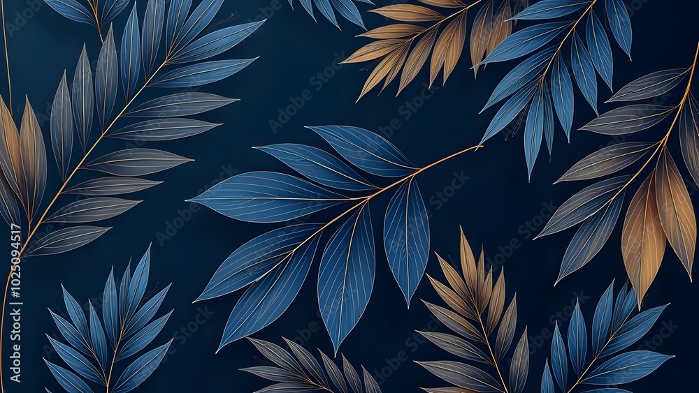 Seamless pattern of tropical leaves on a dark blue background Seamless pattern of tropical leaves on a dark blue background