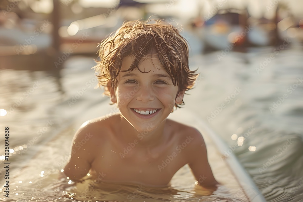 Joyful Summer Moments: A Young Boy Enjoying the Water on a Surfboard Joyful Summer Moments: A Young Boy Enjoying the Water on a Surfboard