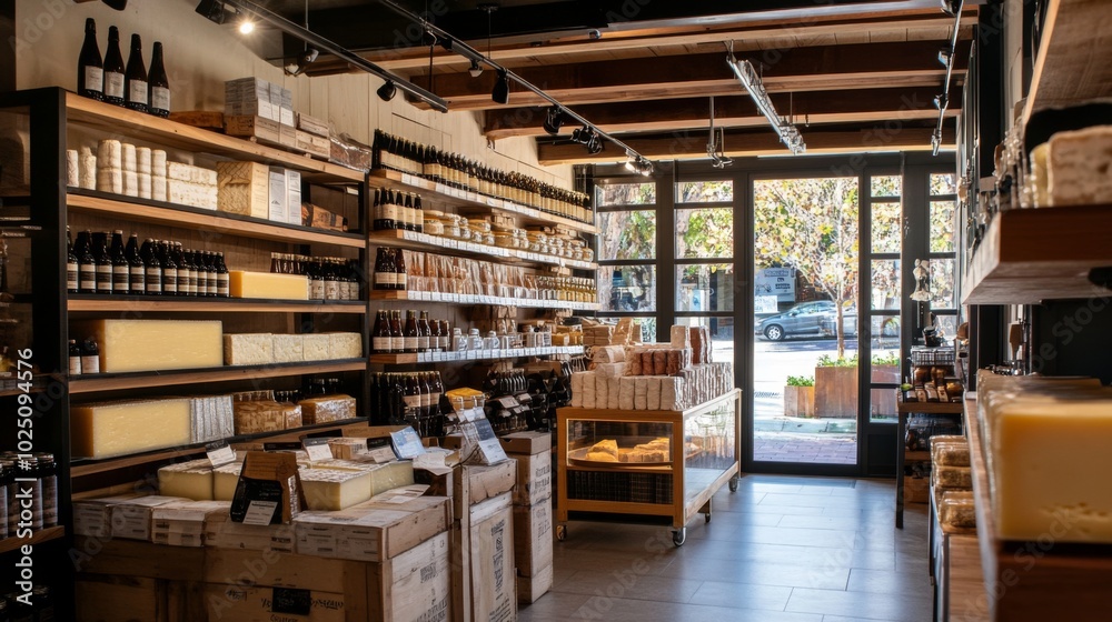 Obraz premium Well-stocked Cheese and Wine Shop with Wooden Shelves