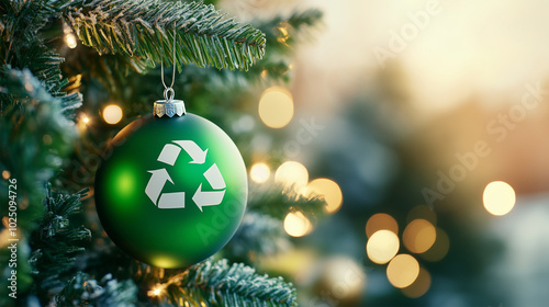 Green Recycle Sign on Christmas Ball, Zero Waste Symbol, Sustainability Background, Eco-Friendly Concept for Environmental Awareness Design.
