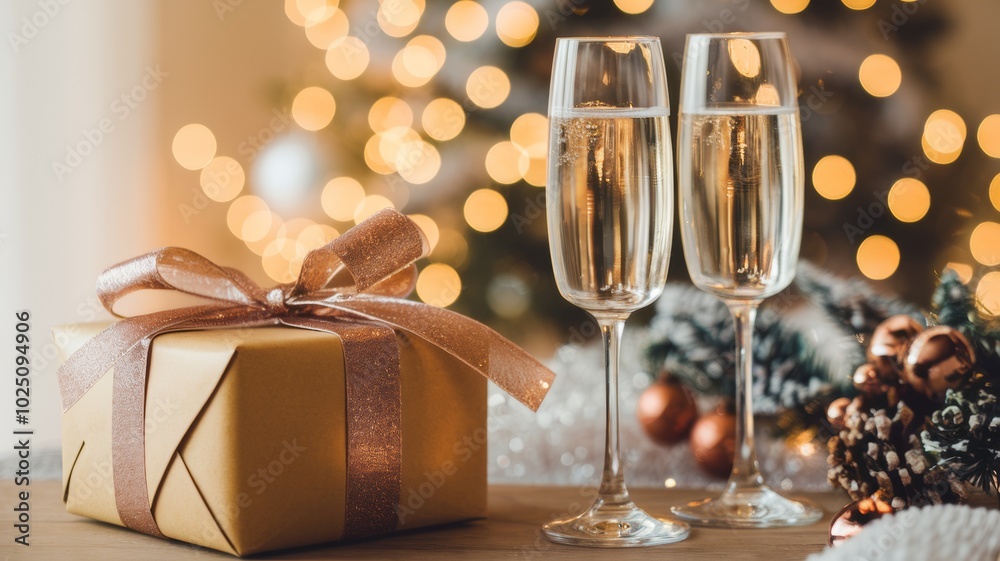 Two glasses of champagne, against a background of twinkling lights and Christmas decorations, a gift box next to it on the table. Two glasses of champagne, against a background of twinkling lights and Christmas decorations, a gift box next to it on the table.
