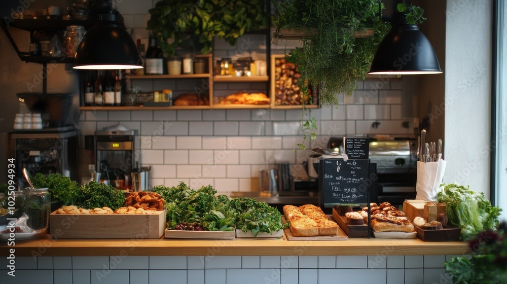 A Display of Freshly Baked Bread and Green Herbs in a Modern Bakery Kitchen A Display of Freshly Baked Bread and Green Herbs in a Modern Bakery Kitchen