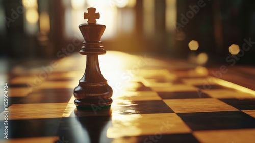 Close-up of a wooden chess piece mid-move on a polished chessboard. Soft ambient lighting casting long shadows and creating a dramatic, strategic atmosphere.