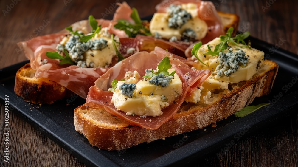 A plate of toasted bread topped with prosciutto, blue cheese, and arugula. A plate of toasted bread topped with prosciutto, blue cheese, and arugula.