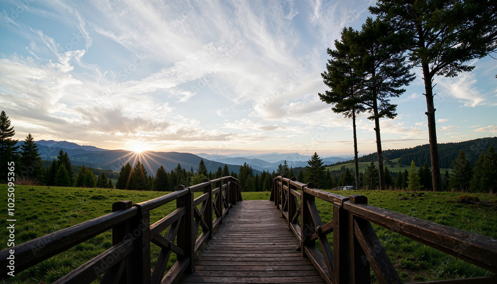 Naklejka premium Wooden bridge leading to a scenic view of mountains and trees at sunset with dramatic clouds 