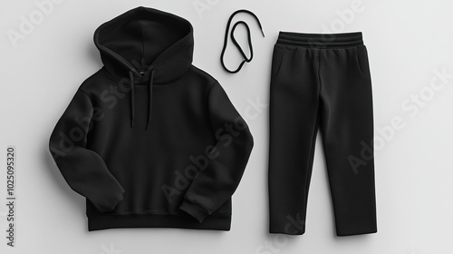 flat lay of a plain black oversized hoodie and a plain baggy black jogger, mockup template