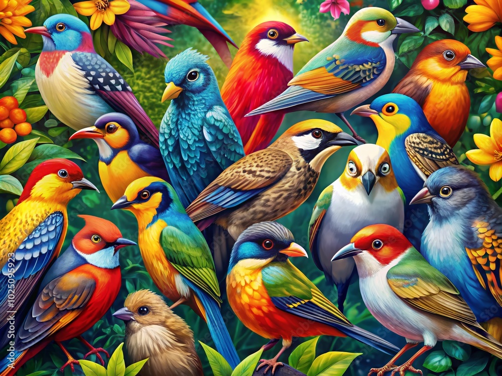 Obraz premium Colorful Clip Art of Various Bird Species in a Vibrant Artistic Style for Creative Projects