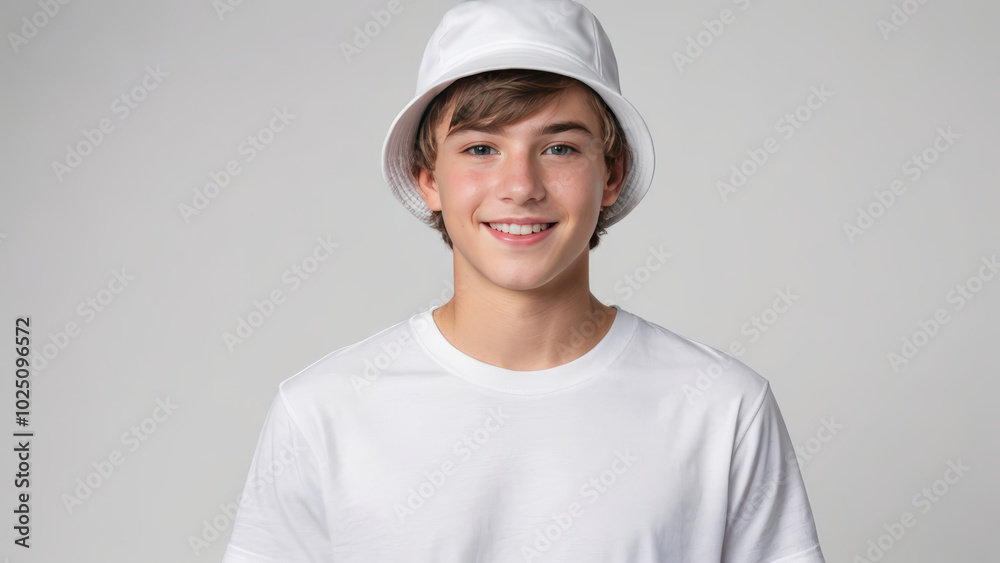 Teenage boy wearing white t-shirt and white bucket hat isolated on grey background Teenage boy wearing white t-shirt and white bucket hat isolated on grey background